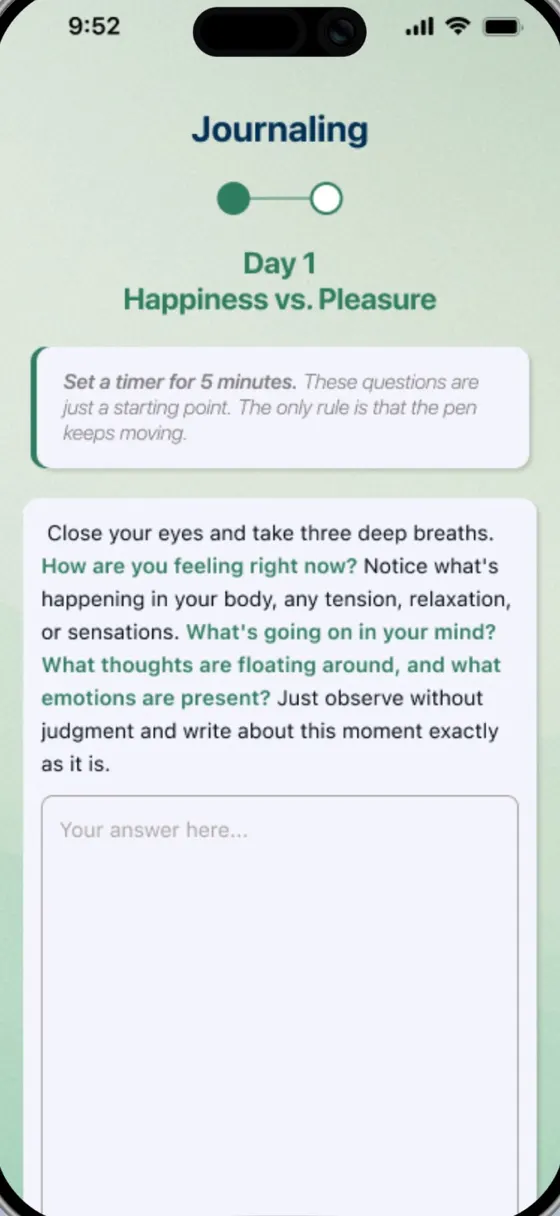 UM app screen: journaling, Day 1, Happiness vs. Pleasure