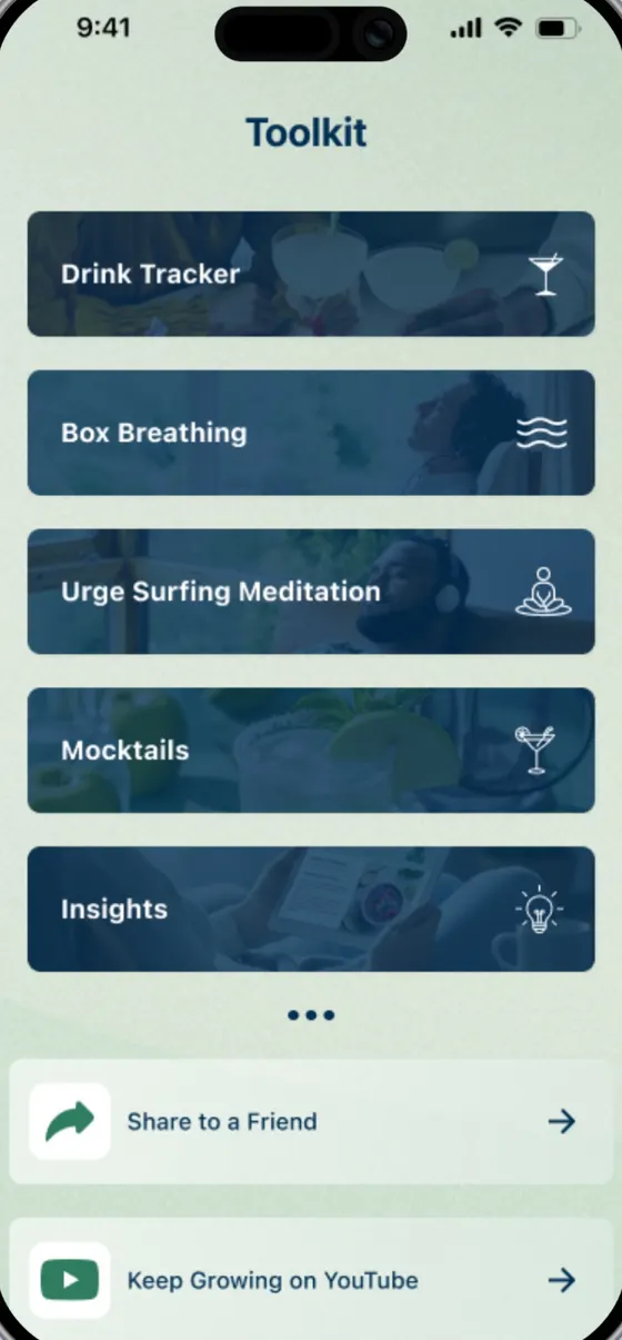 UM app screen: the toolkit with drink tracker, box breathing and urge surfing