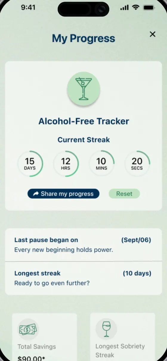 UM app screen: alcohol-free tracker with the current streak
